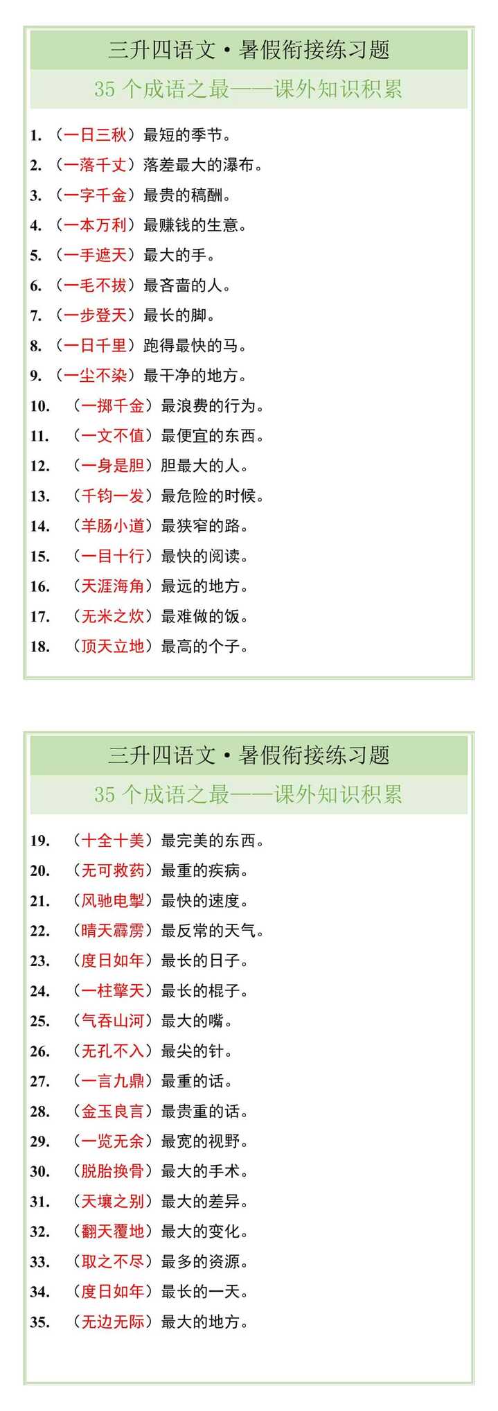 三升四暑假衔接，35个成语之最课外知识积累！