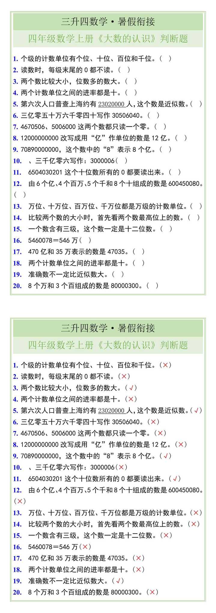 四年级上册第一单元《大数的认识》判断题