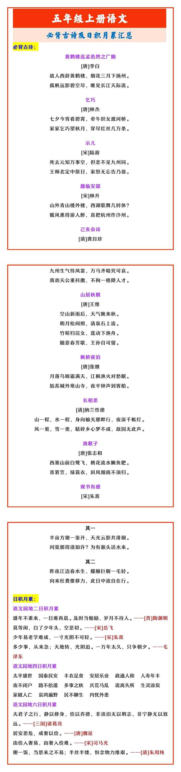 五年级上册语文 必背古诗及日积月累汇总