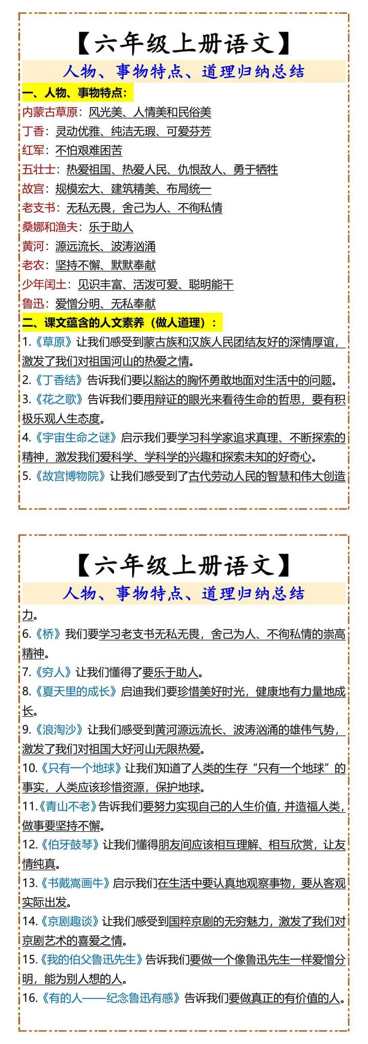 【六年级上册语文】 人物、事物特点、道理归纳总结