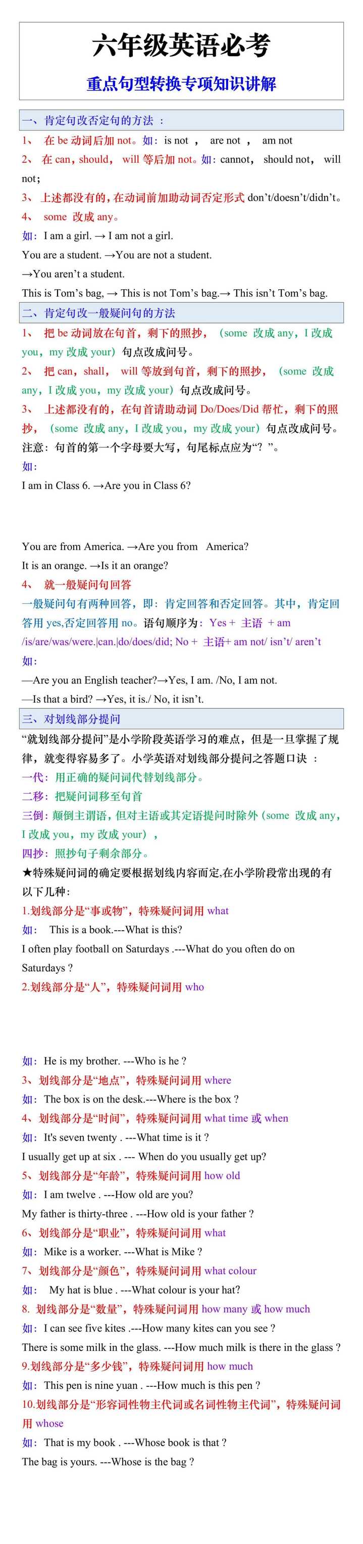 六年级英语必考重点句型转换专项知识讲解