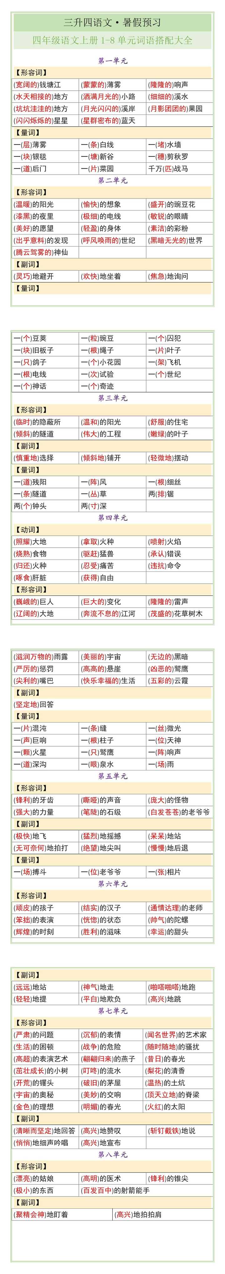 四年级语文上册1-8单元词语搭配大全