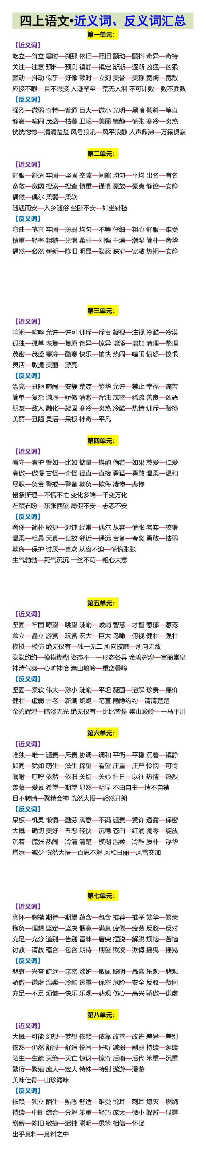 四上语文•近义词、反义词汇总