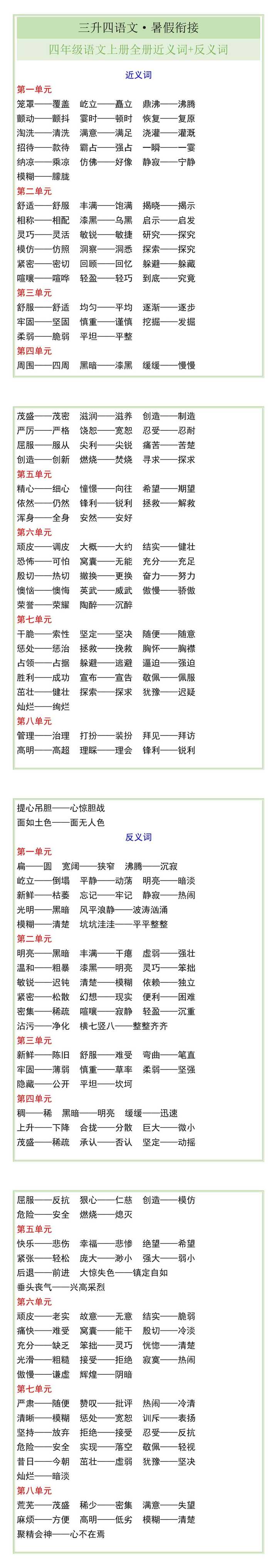 四年级语文上册全册近义词+反义词
