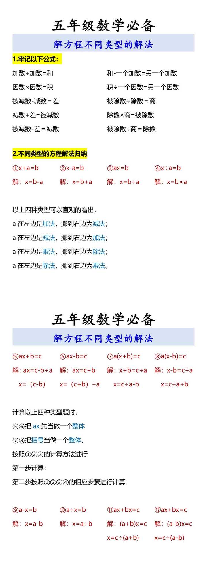五年级数学必备 解方程不同类型的解法