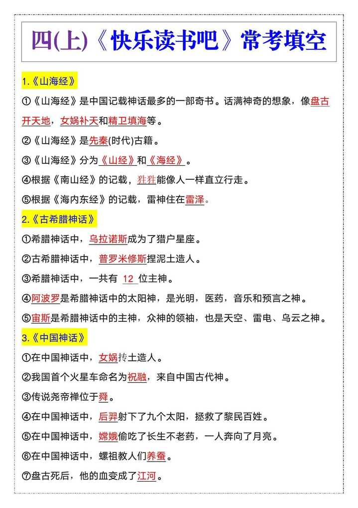 四年级语文上册《快乐读书吧》常考填空题