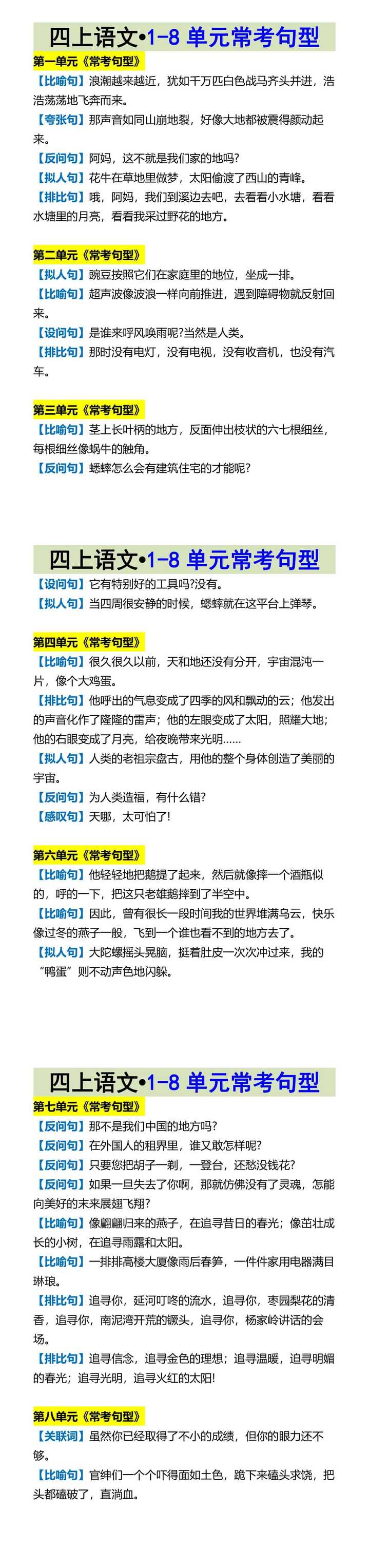 四上语文•1-8单元常考句型