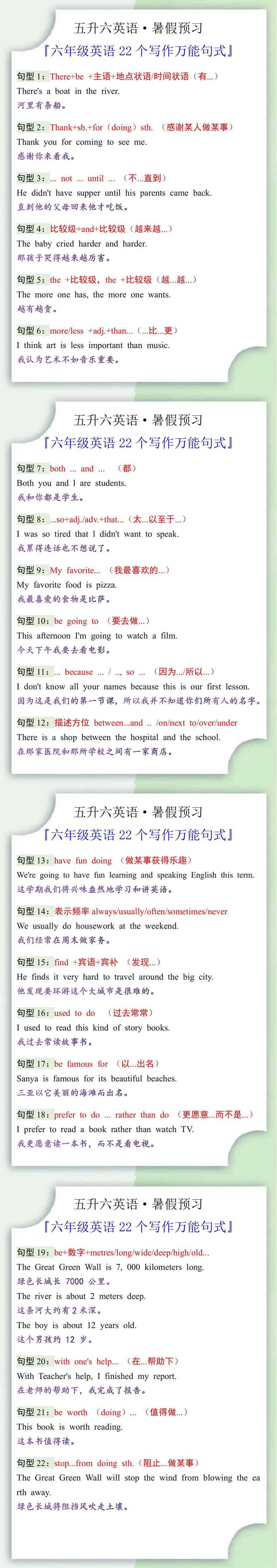 六年级英语22个写作万能句式