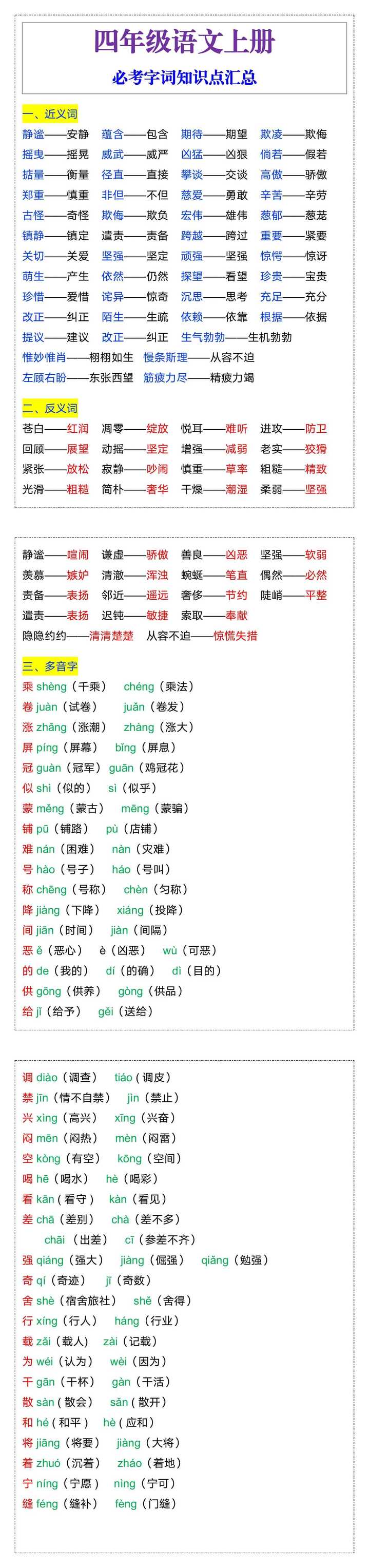 四年级语文上册必考字词知识点汇总