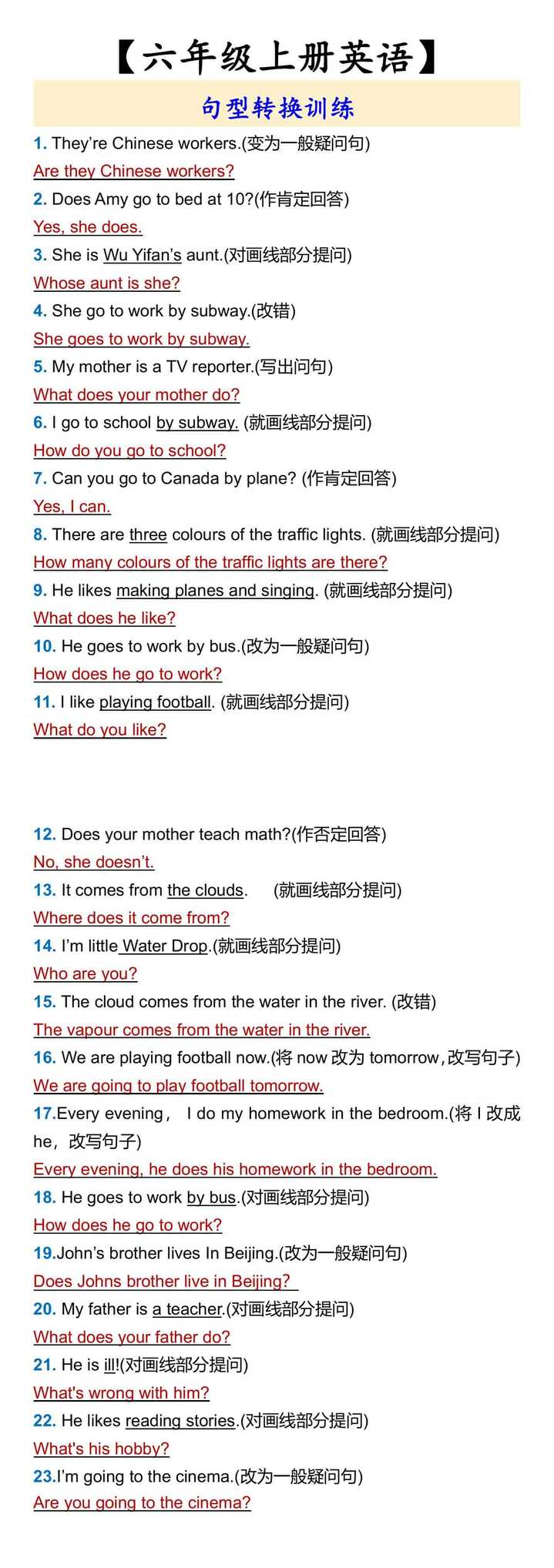 六年级上册英语】 常用表达法重点句型