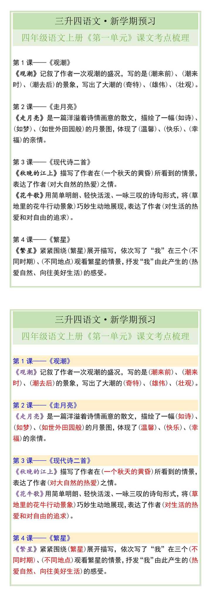 四年级语文上册《第一单元》课文考点梳理