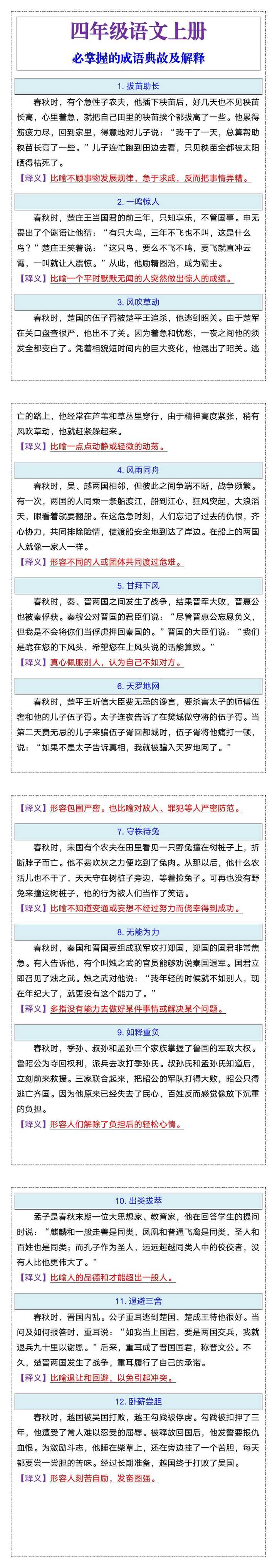 四年级语文必掌握的成语典故及解释