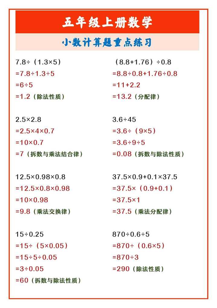 五年级上册数学 小数计算题重点练习