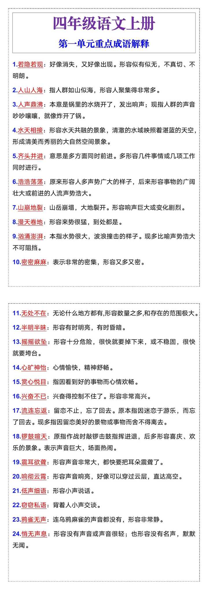 四年级语文上册第一单元重点成语解释