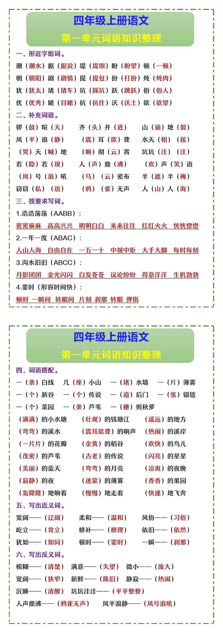 四年级上册语文 第一单元词语知识整理