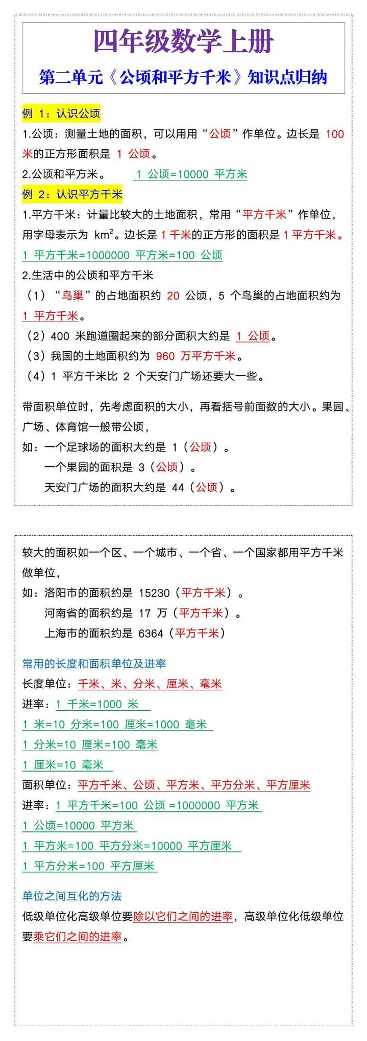 四年级数学上册第二单元《公顷和平方千米》知识点归纳