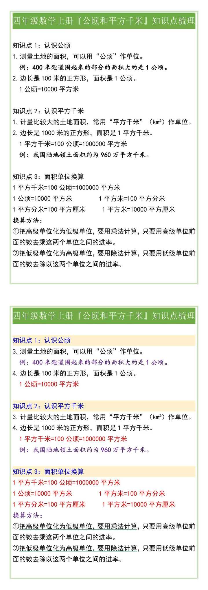 四年级数学上册『公顷和平方千米』知识点梳理
