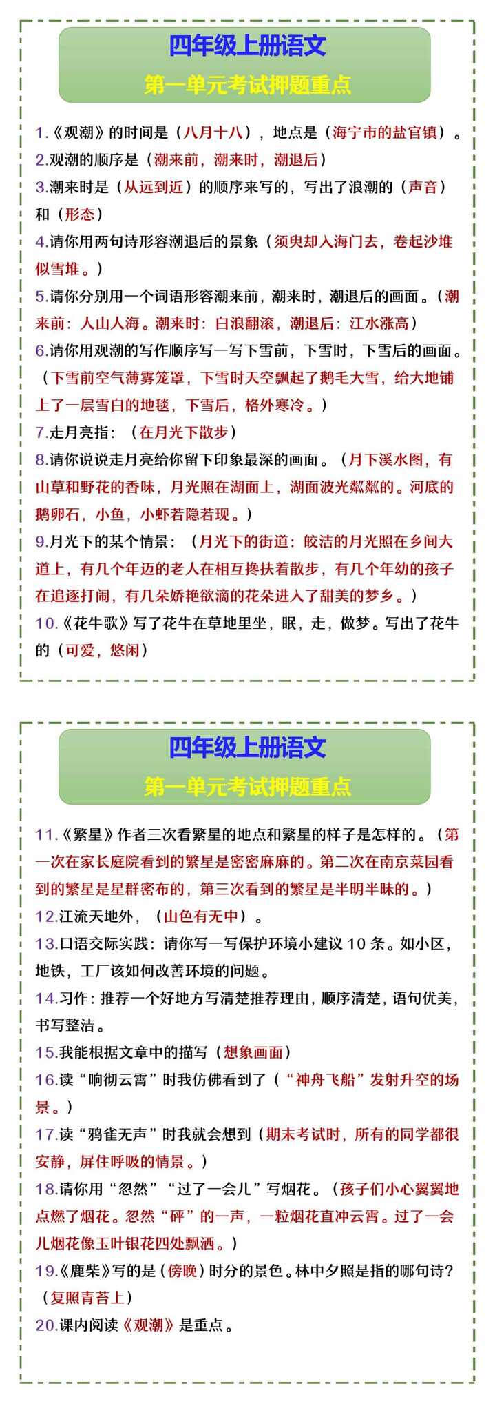四年级上册语文 第一单元考试押题重点