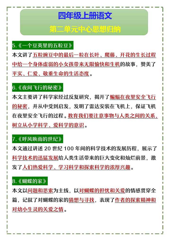 四年级上册语文 第二单元中心思想归纳