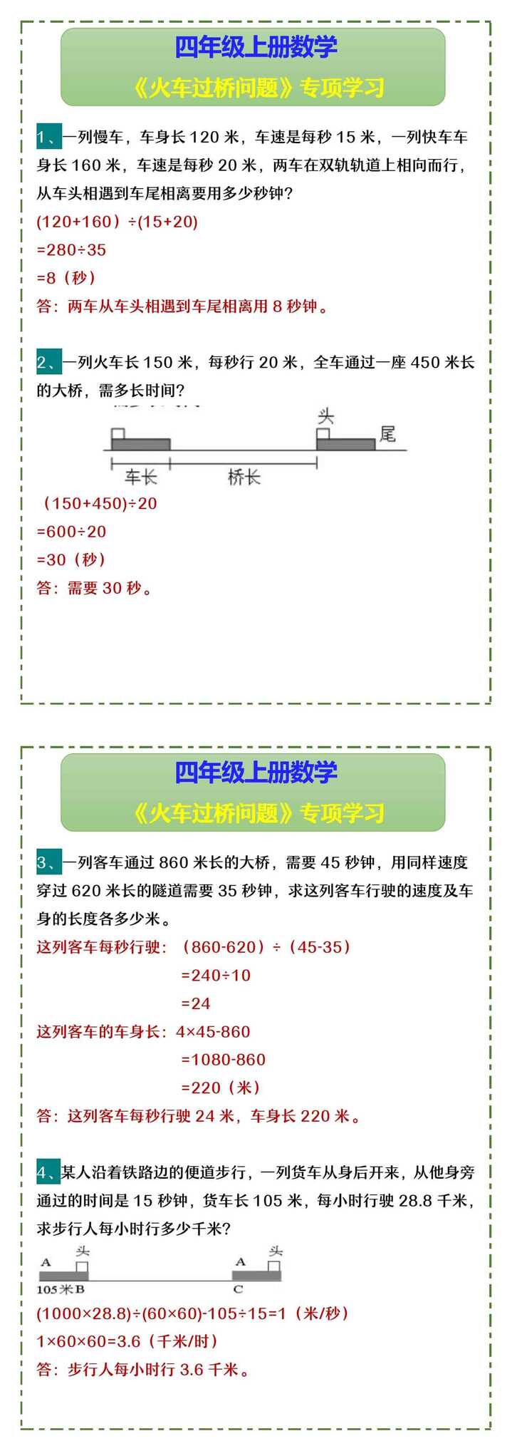 四年级上册数学 《火车过桥问题》专项学习