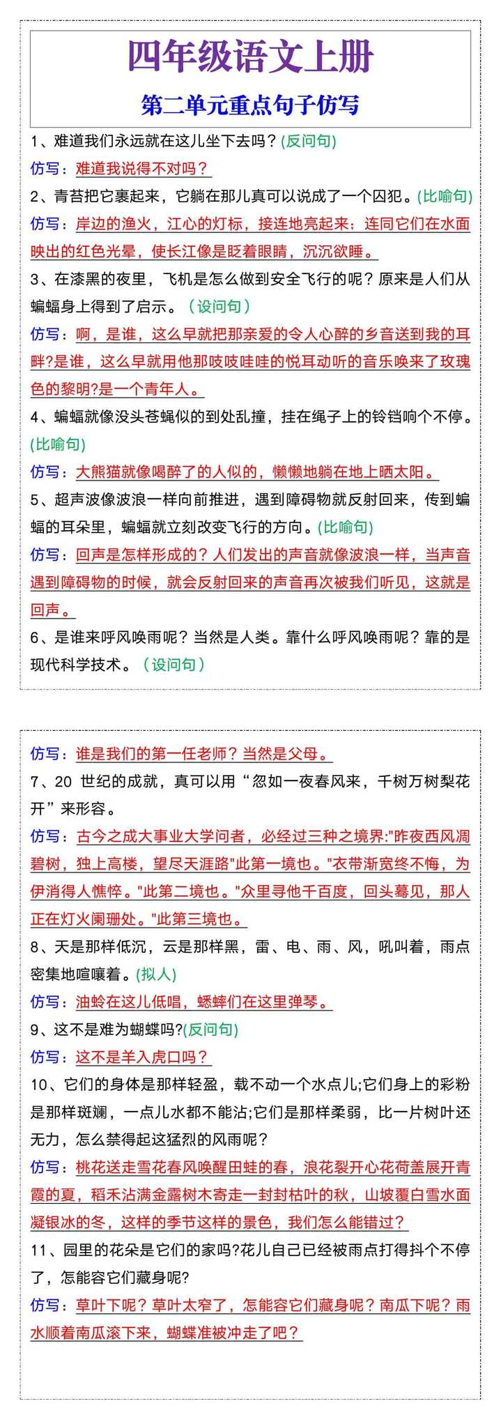 四年级上册语文第二单元重点句子仿写