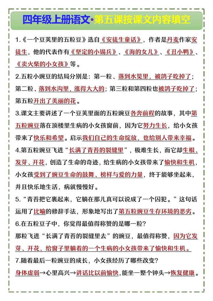 四年级上册语文·第五课按课文内容填空