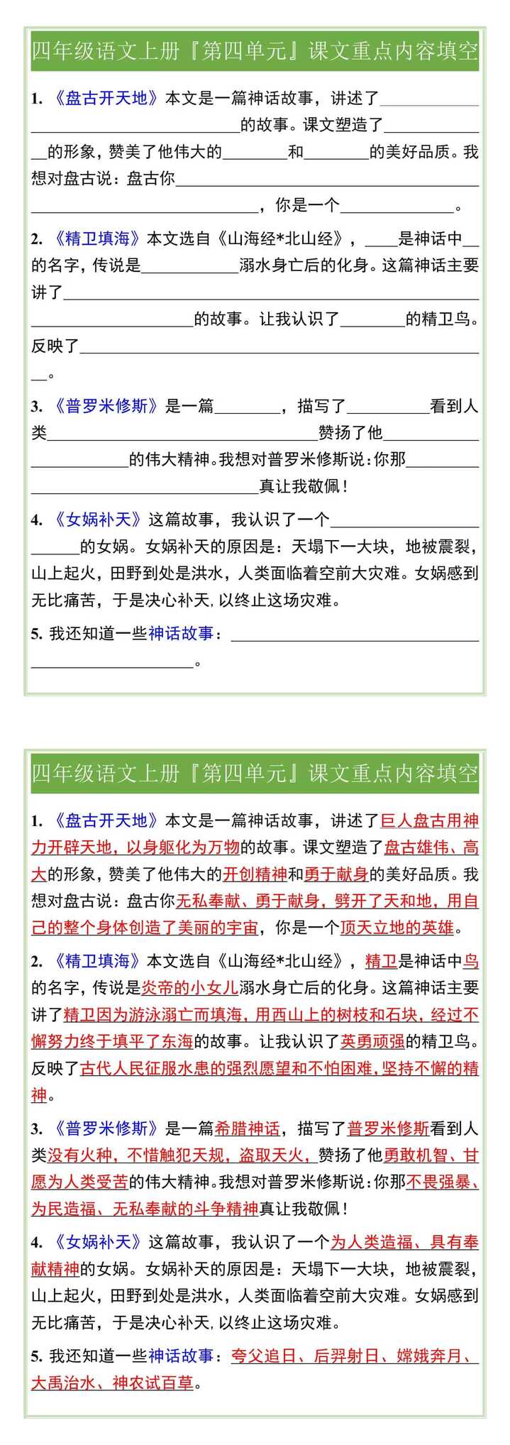 四年级语文上册『第四单元』课文重点内容填空
