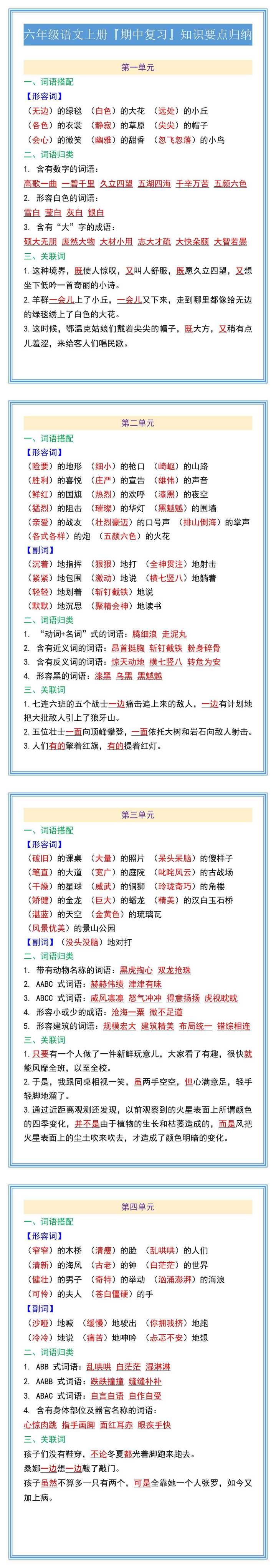 六年级语文上册『期中复习』知识要点归纳