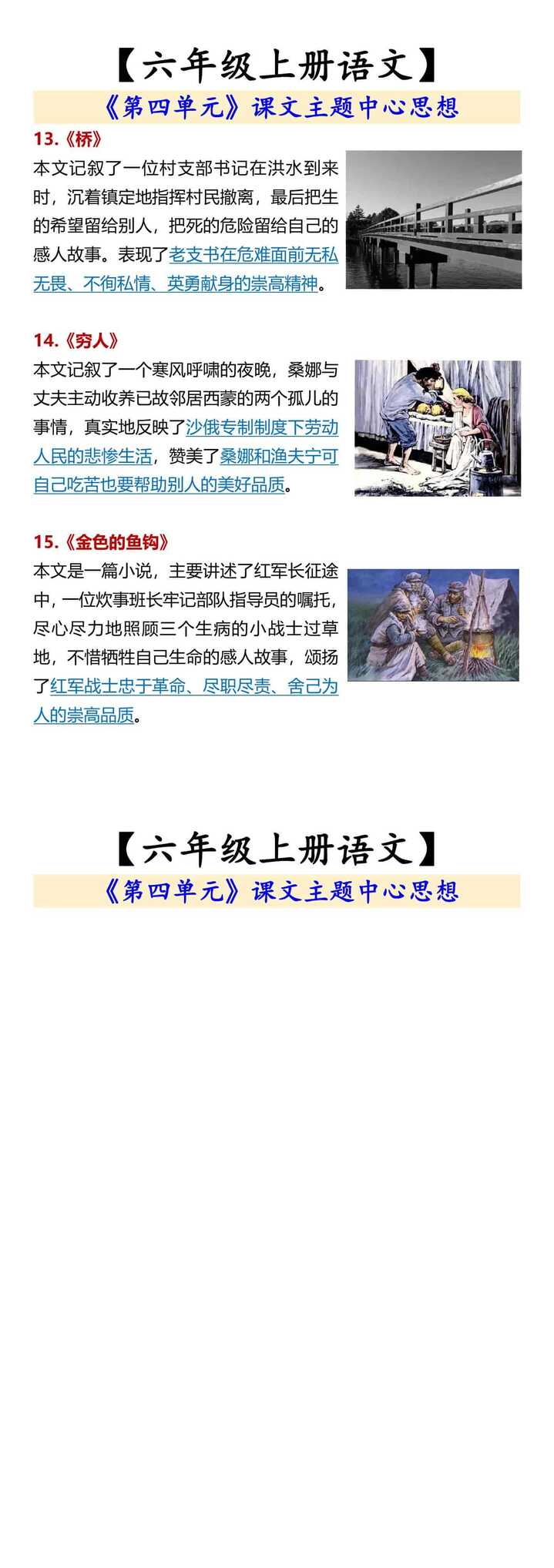 【六年级上册语文】 《第四单元》课文主题中心思想