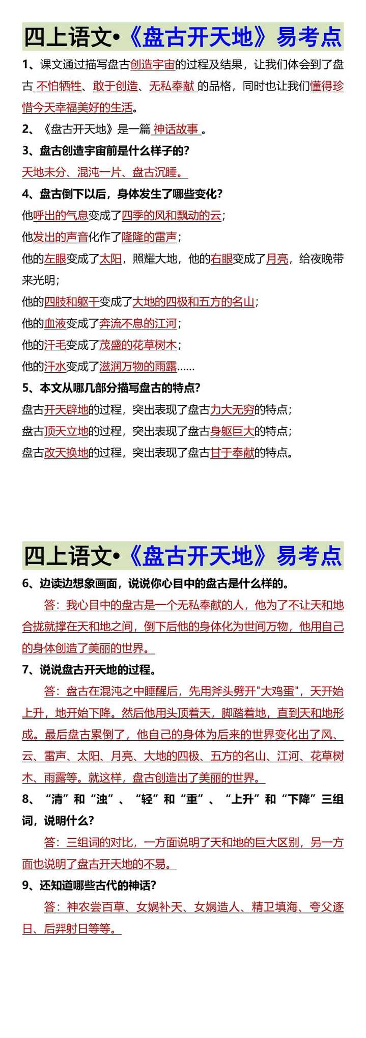 四上语文•《盘古开天地》易考点