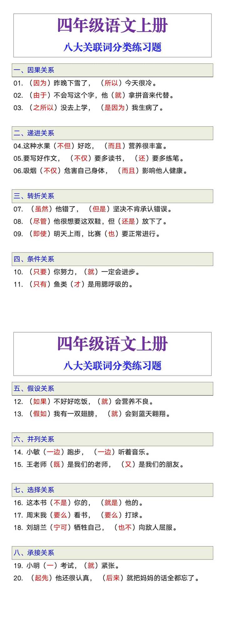 四年级语文上册八大关联词分类练习题