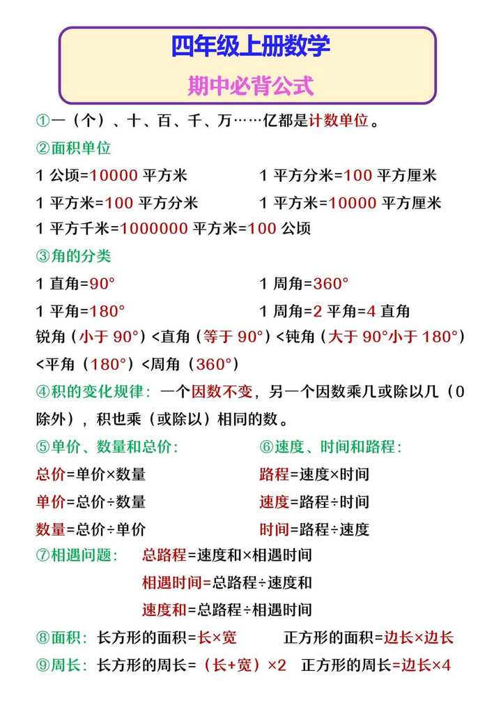 四年级上册数学 期中必背公式