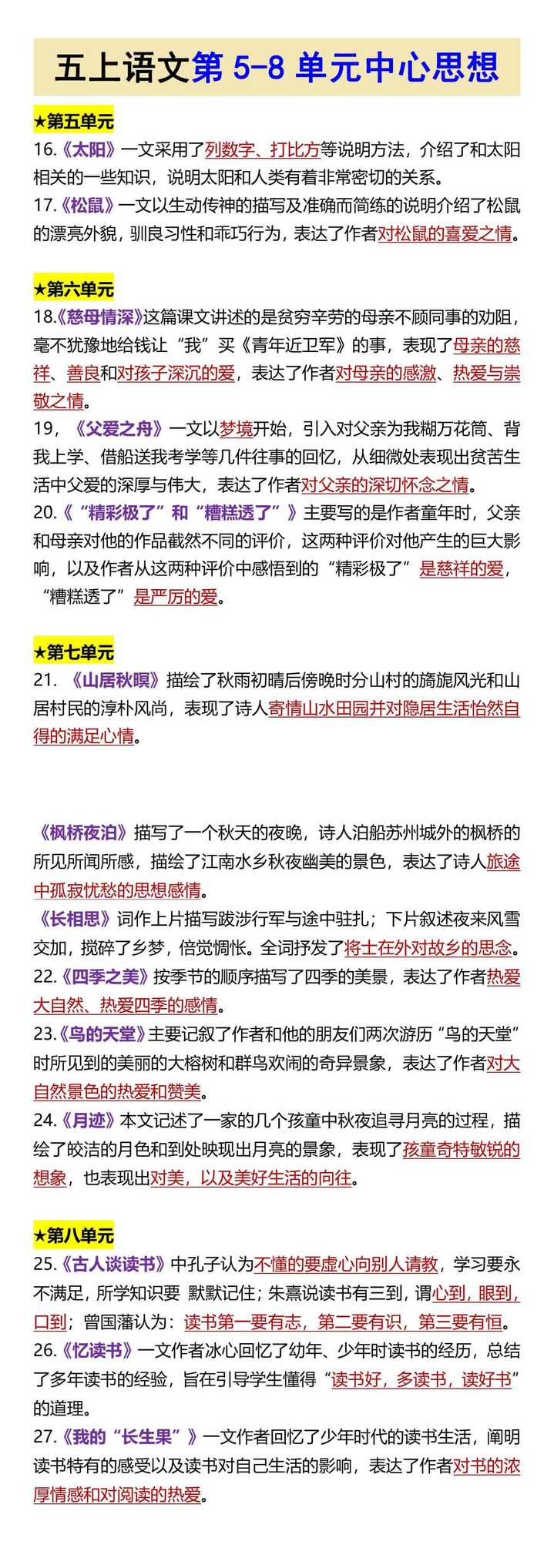 五上语文第5-8单元中心思想