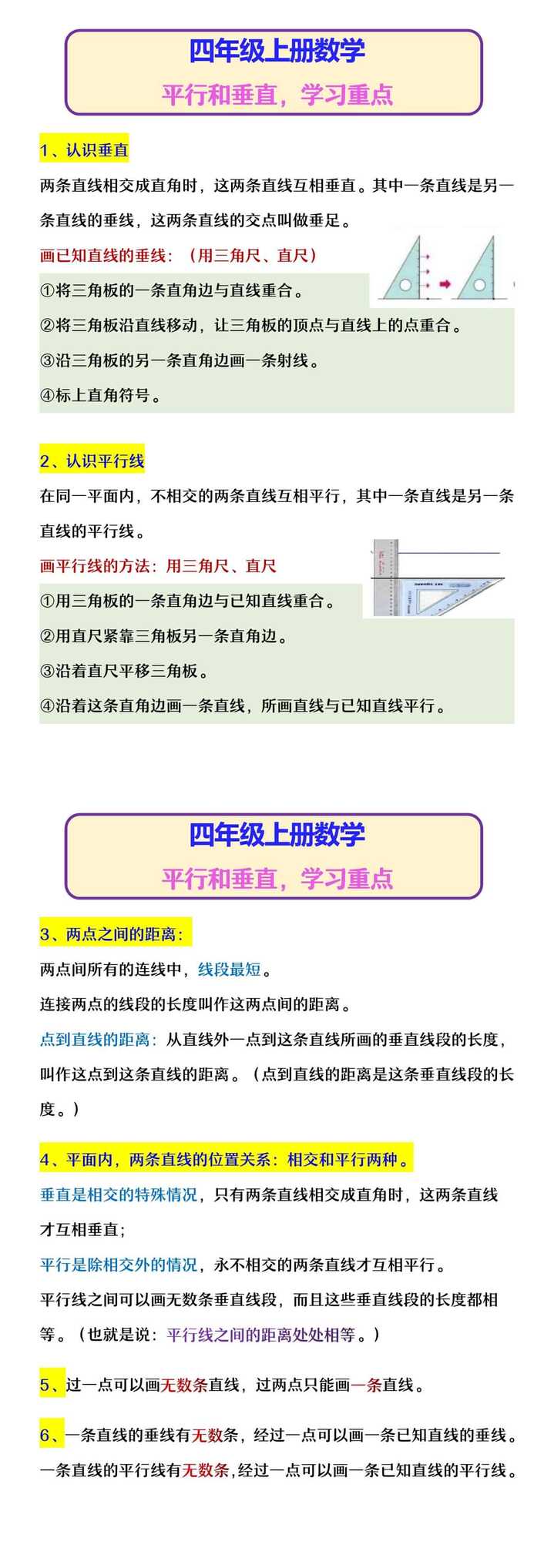 四年级上册数学 平行和垂直，学习重点