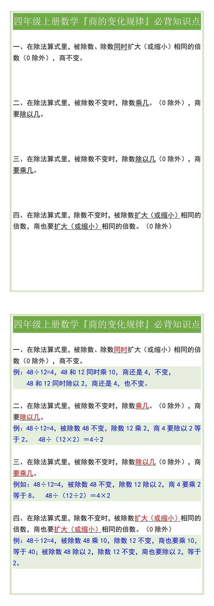 四年级上册数学『商的变化规律』必背知识点