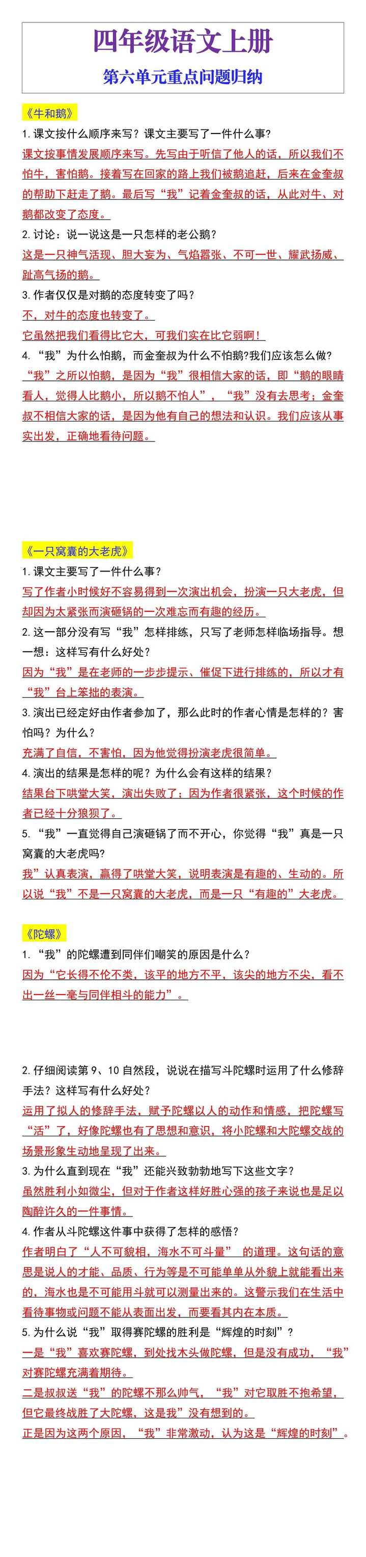 四年级语文上册第六单元重点问题归纳