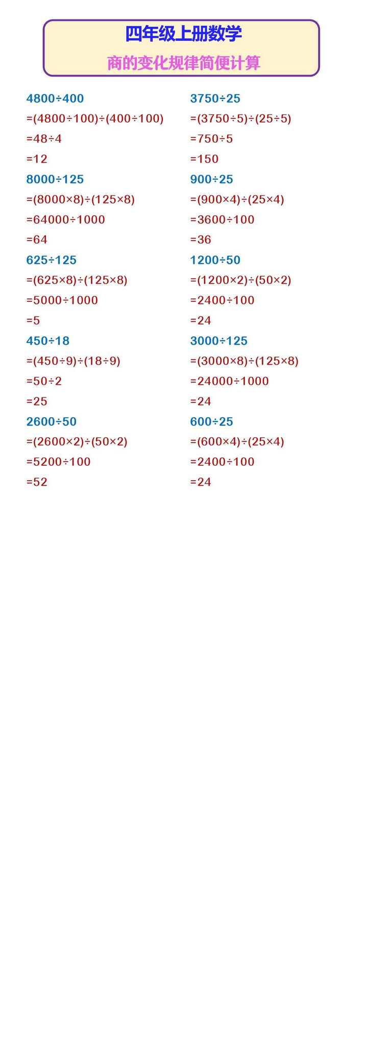 四年级上册数学 商的变化规律简便计算