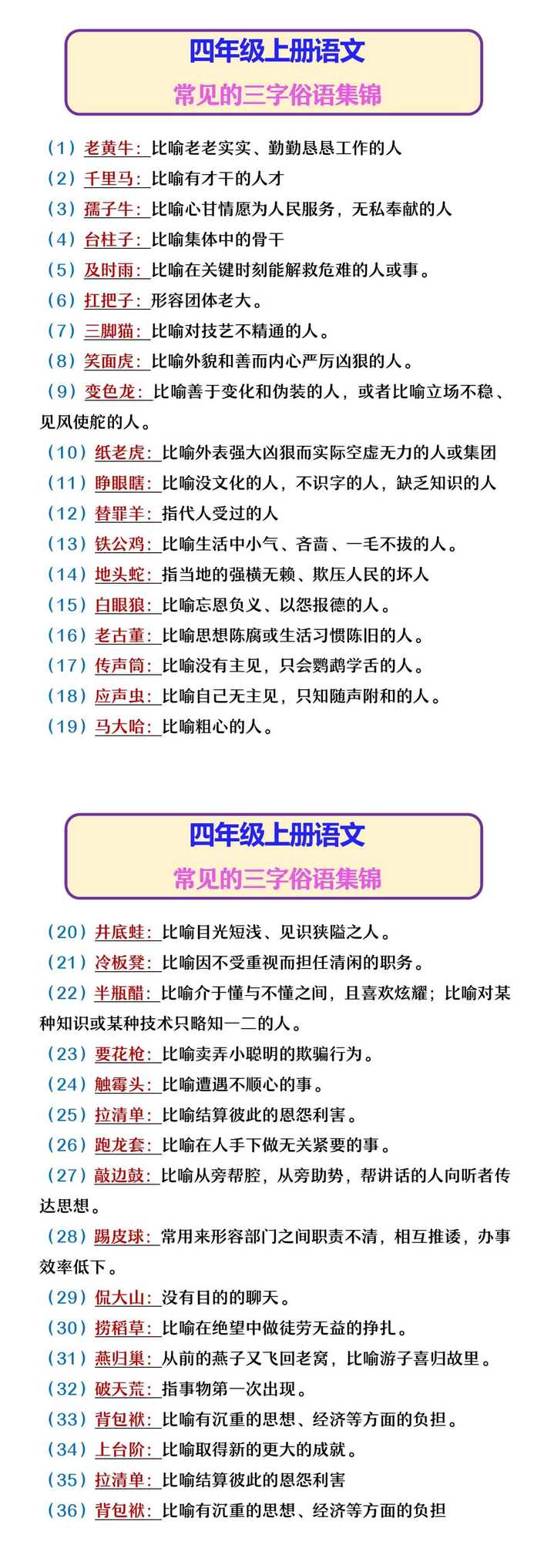 四年级上册语文 常见的三字俗语集锦