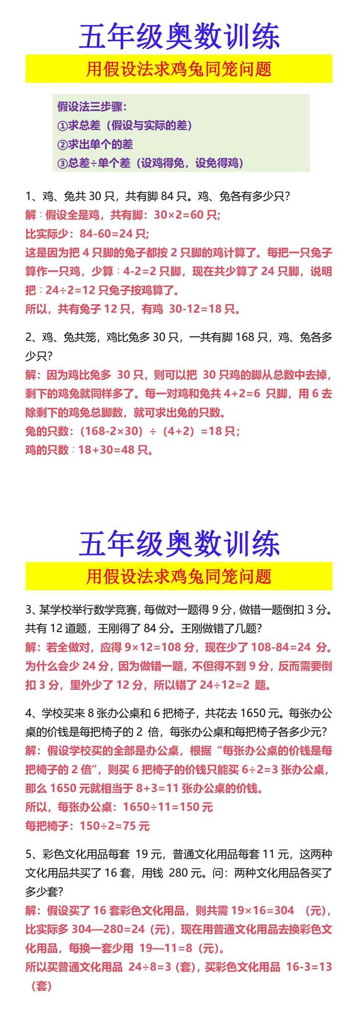 五年级奥数训练 用假设法求鸡兔同笼问题