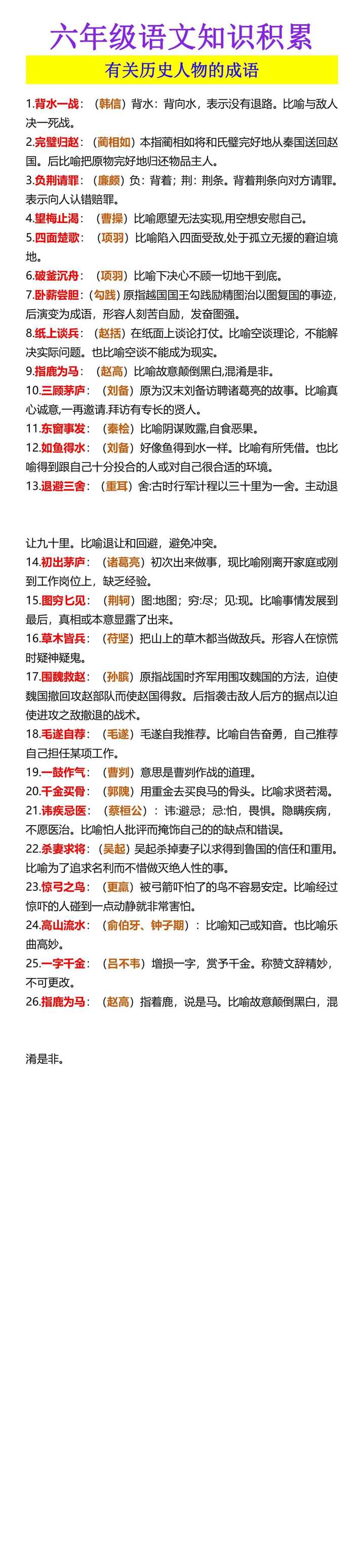六年级语文知识积累 有关历史人物的成语