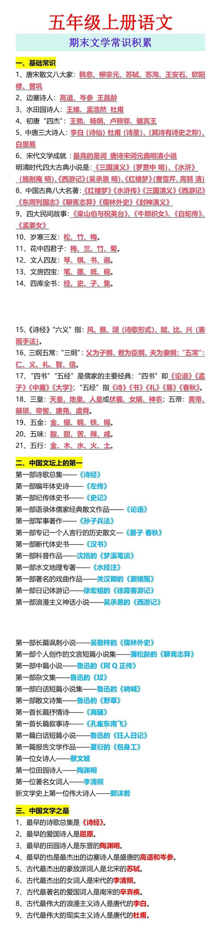 五年级上册语文 期末文学常识积累
