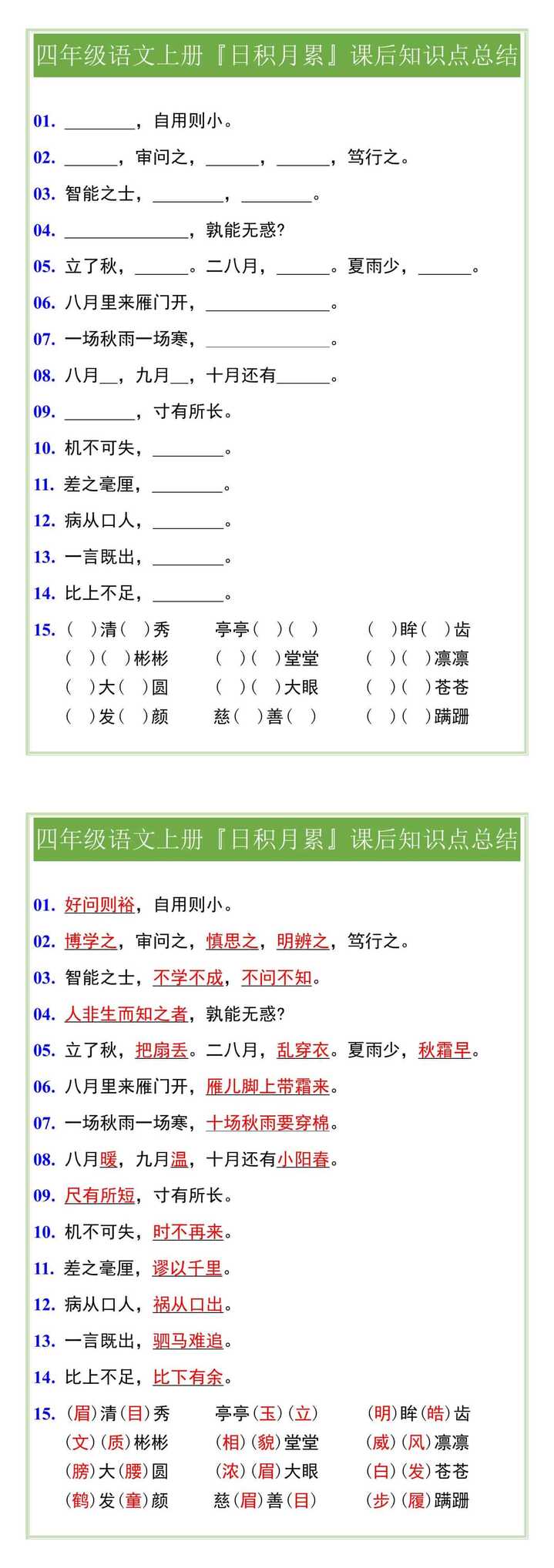 四年级语文上册『日积月累』课后知识点总结