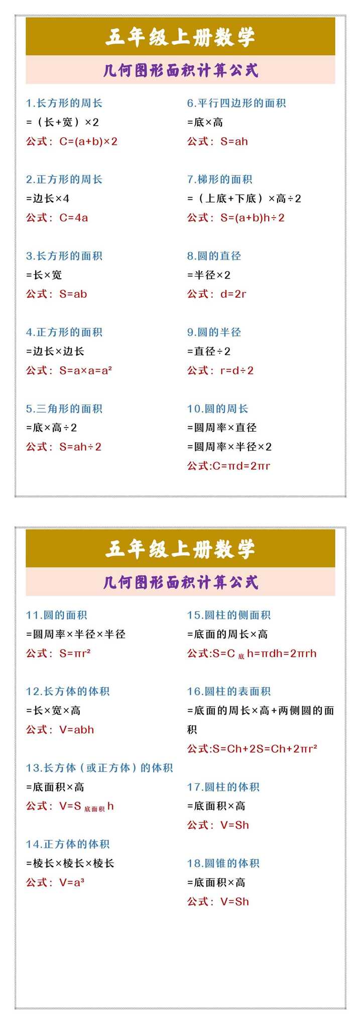 五年级上册数学 几何图形面积计算公式