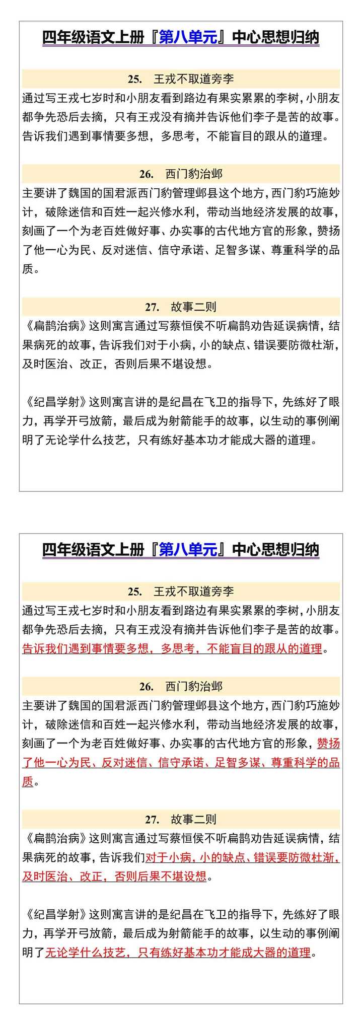 四年级语文上册『第八单元』中心思想归纳