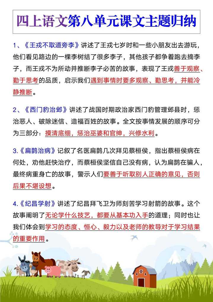 四年级语文上册第八单元课文主题归纳