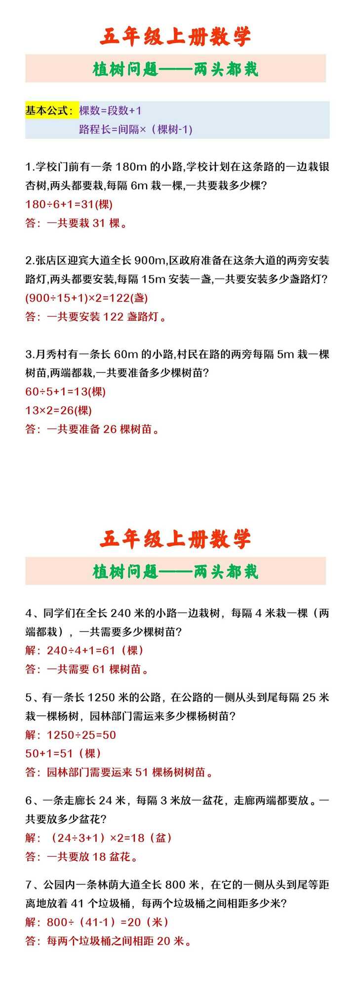 五年级上册数学 植树问题——两头都栽