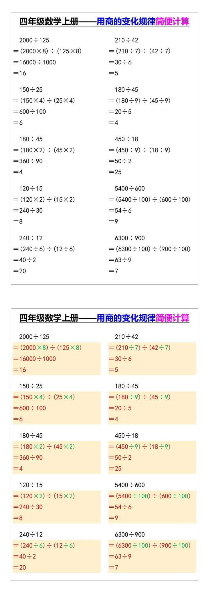 四年级数学上册——用商的变化规律简便计算