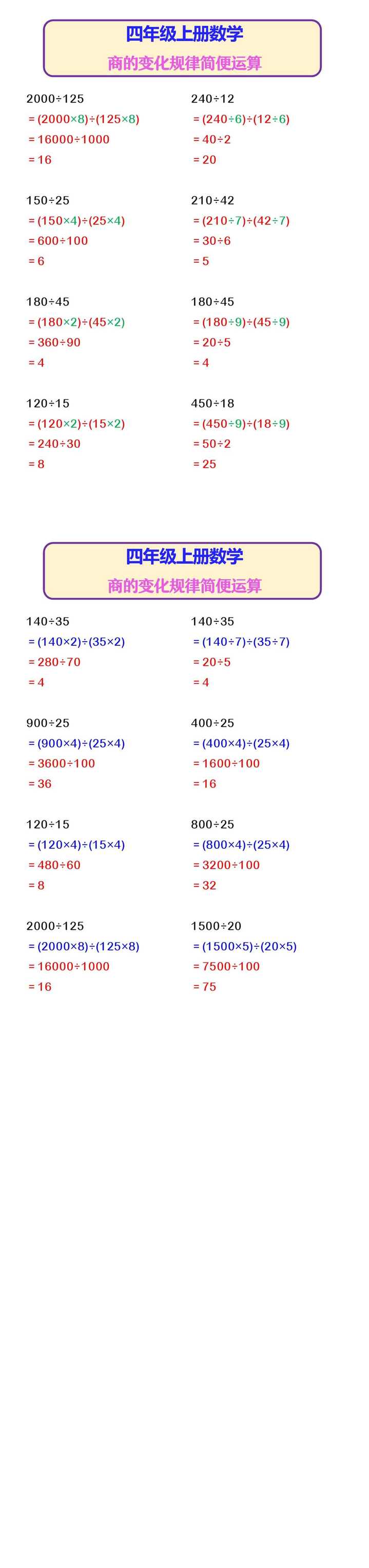 四年级上册数学 商的变化规律简便运算