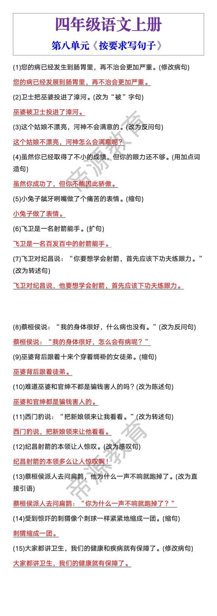 四年级语文上册第八单元句子专项