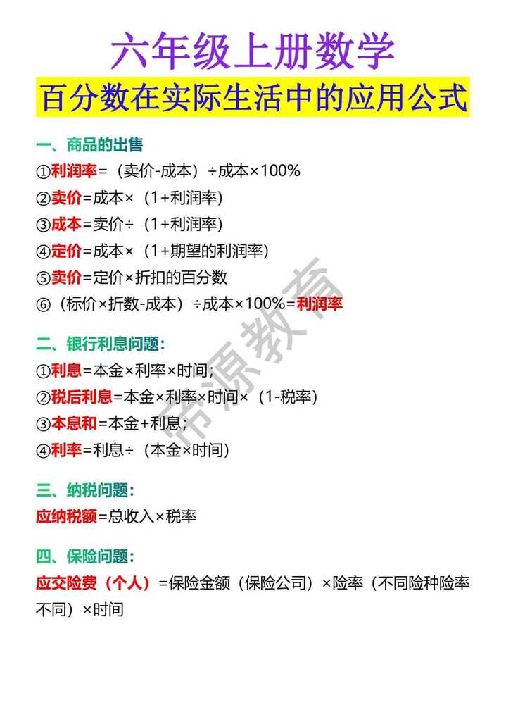 六年级上册数学 百分数在实际生活中的应用公式